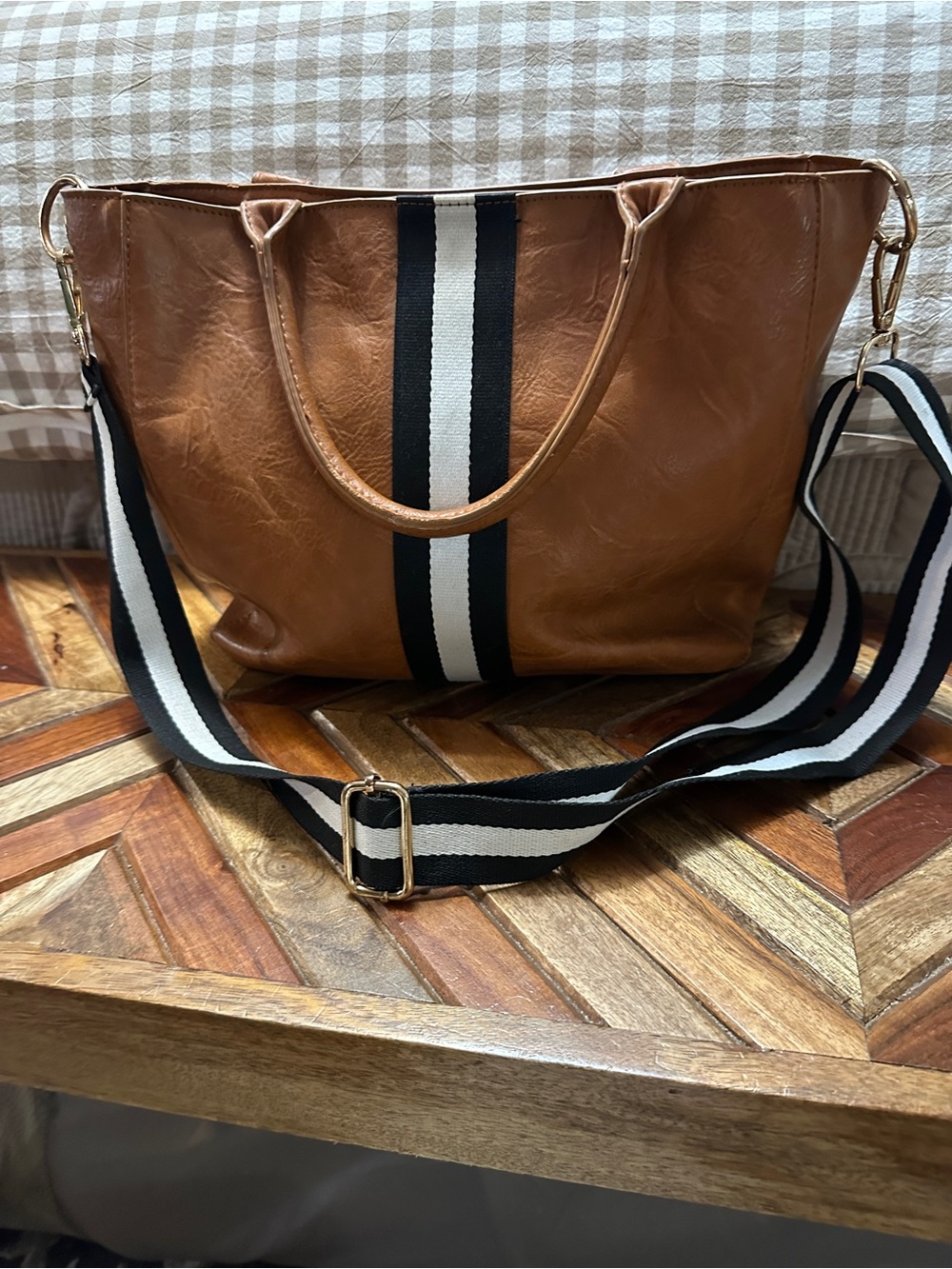Social Threads x Motheric Classic Tan Tote Bag with Black & White Stripe Accent